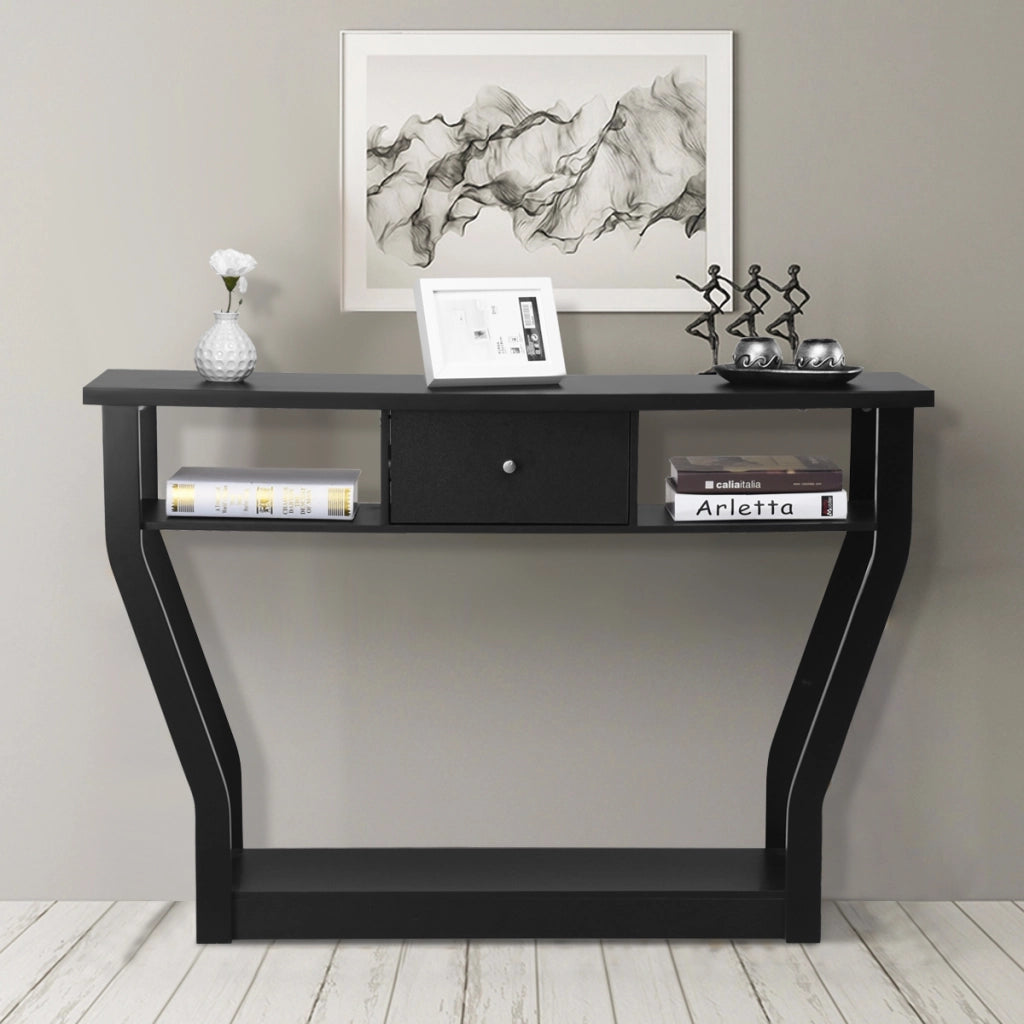 Tavolo con cassetto e 3 ripiani da studio e ufficio, Consolle per ingresso e salone multiuso 120x30x81cm Nero