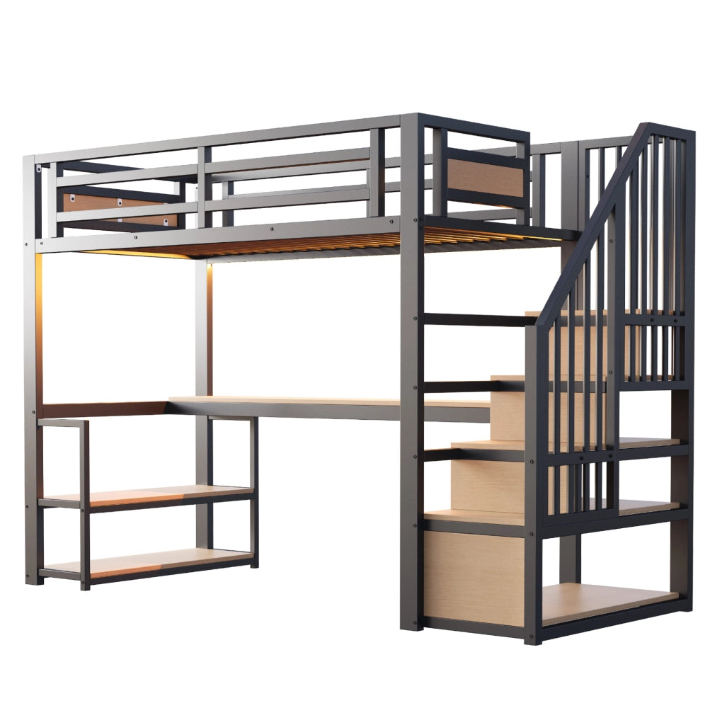 Letto a soppalco 90x200 cm in metallo nero con scala contenitore; scrivania e scaffali