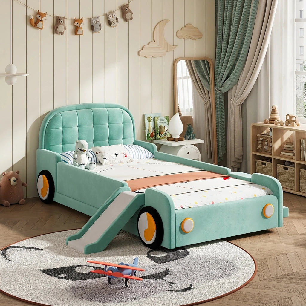 DESMIU Letto Bambino 90 × 200 cm con scivolo e scala, senza materasso, in velluto blu verde