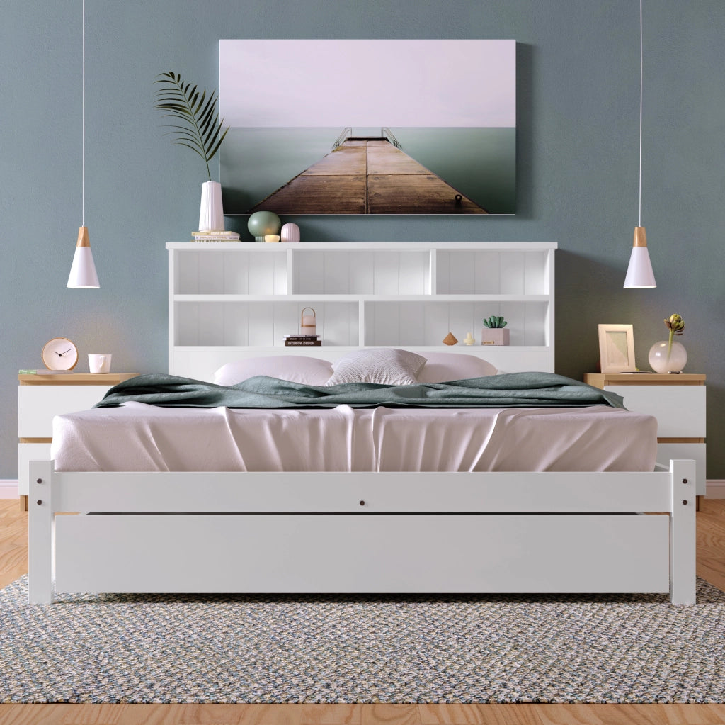 LETTO matrimoniale 140x200 cm bianco in legno con testiera a libreria e cassetti