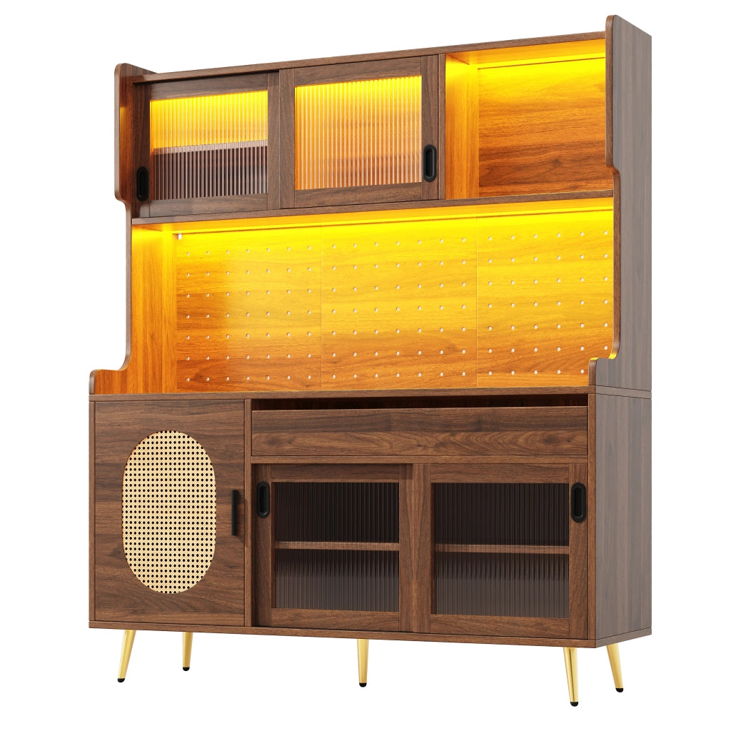 Credenza con Ante e Vetro Scanalato ¨C MINIMAL ¨C Marrone/Nero, 145x39x171cm, 5 Ante, LED