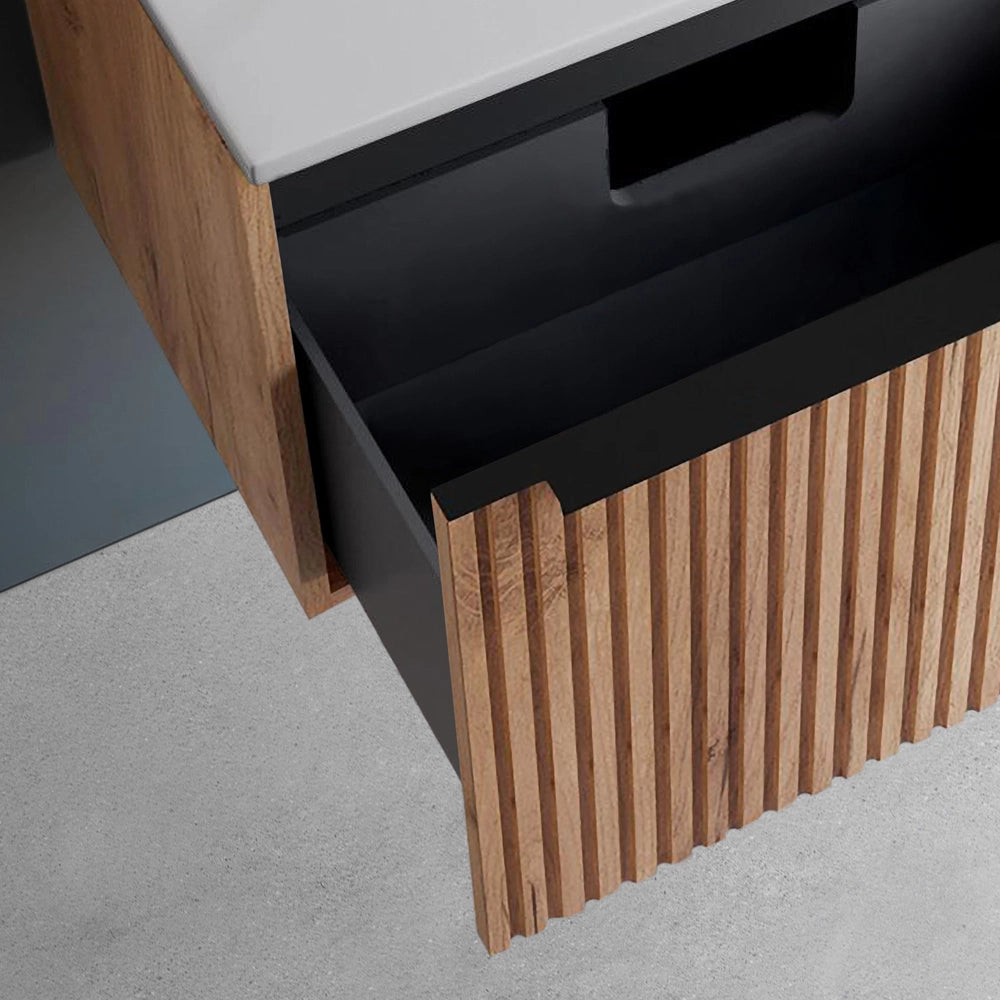Mobile bagno sospeso 90 cm rovere africa cannettato con cassetto e lavabo Nara