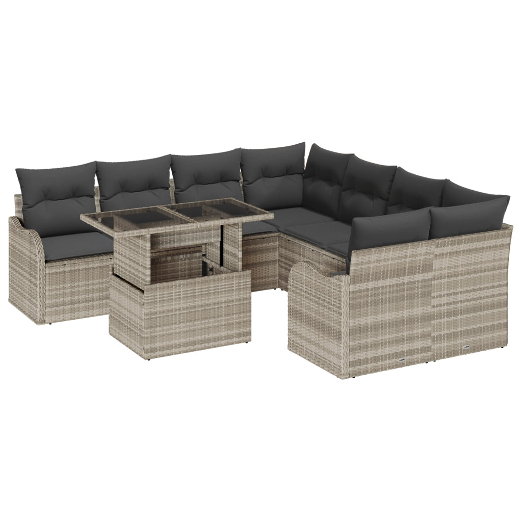 Set di Divani da Giardino da 9 Pezzi con Cuscini Grigio Chiaro in Rattan Polietilene