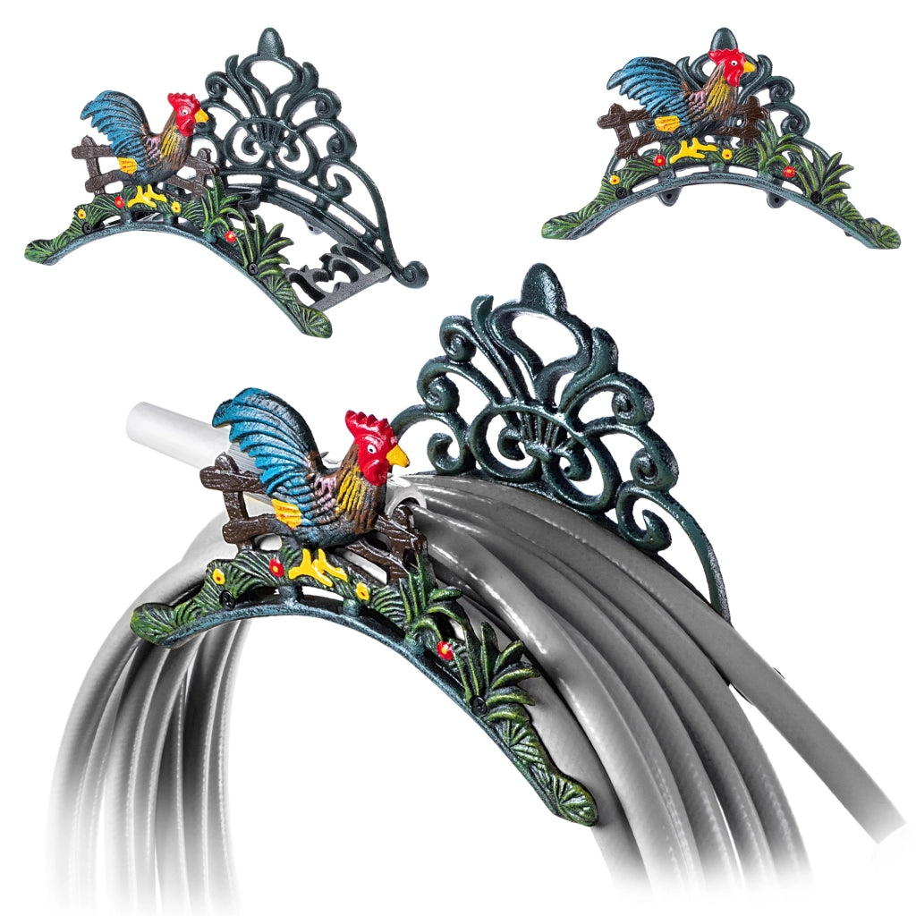 Supporto da parete per tubo da giardino KADAX, in ghisa, robusto, decorativo, con gallo
