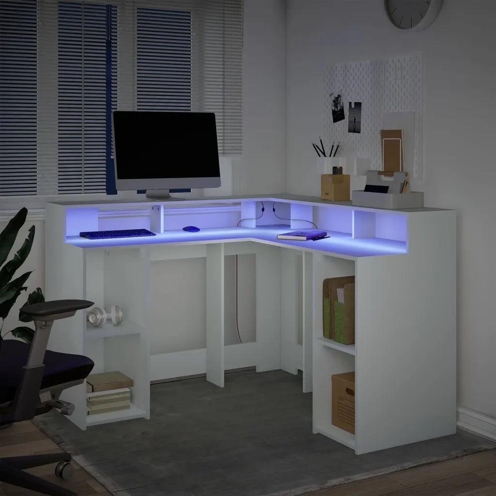 Scrivania con Luci LED Bianca 130x130x91 cm in Truciolato 3309447