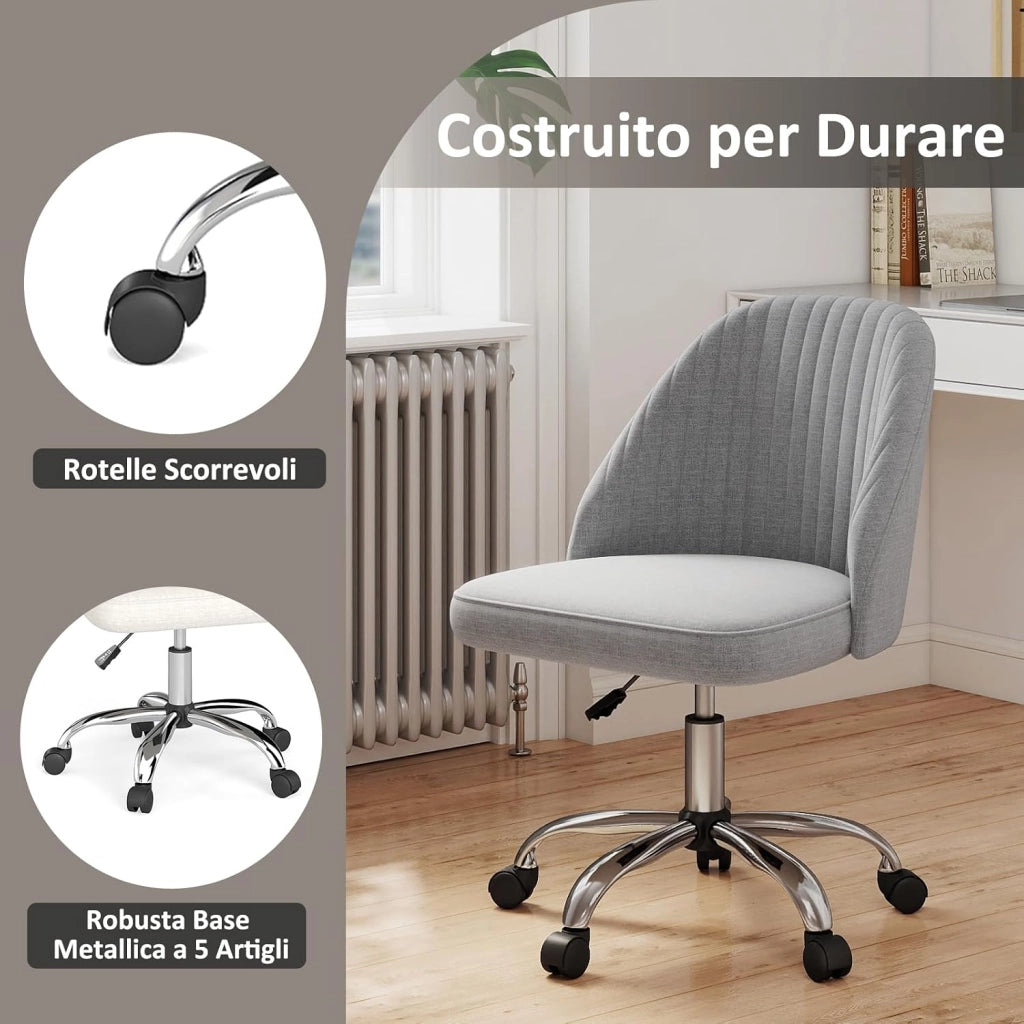 Sedia da Ufficio, Sedia da Scrivania Moderna senza Braccioli, con Schienale Curvo e Seduta Imbottita, Regolabile in Altezza con Rotelle Lisce per Camera da Letto (Grigio)