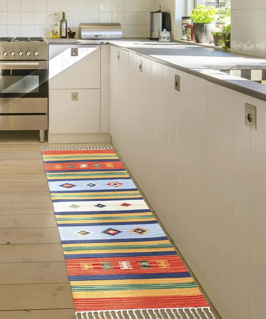 Tappeto passatoia KELIM 06 disegni etnici orientali colori vivaci cm.60x200 tessuto e frangia 100% cotone, lavabile in lavatrice