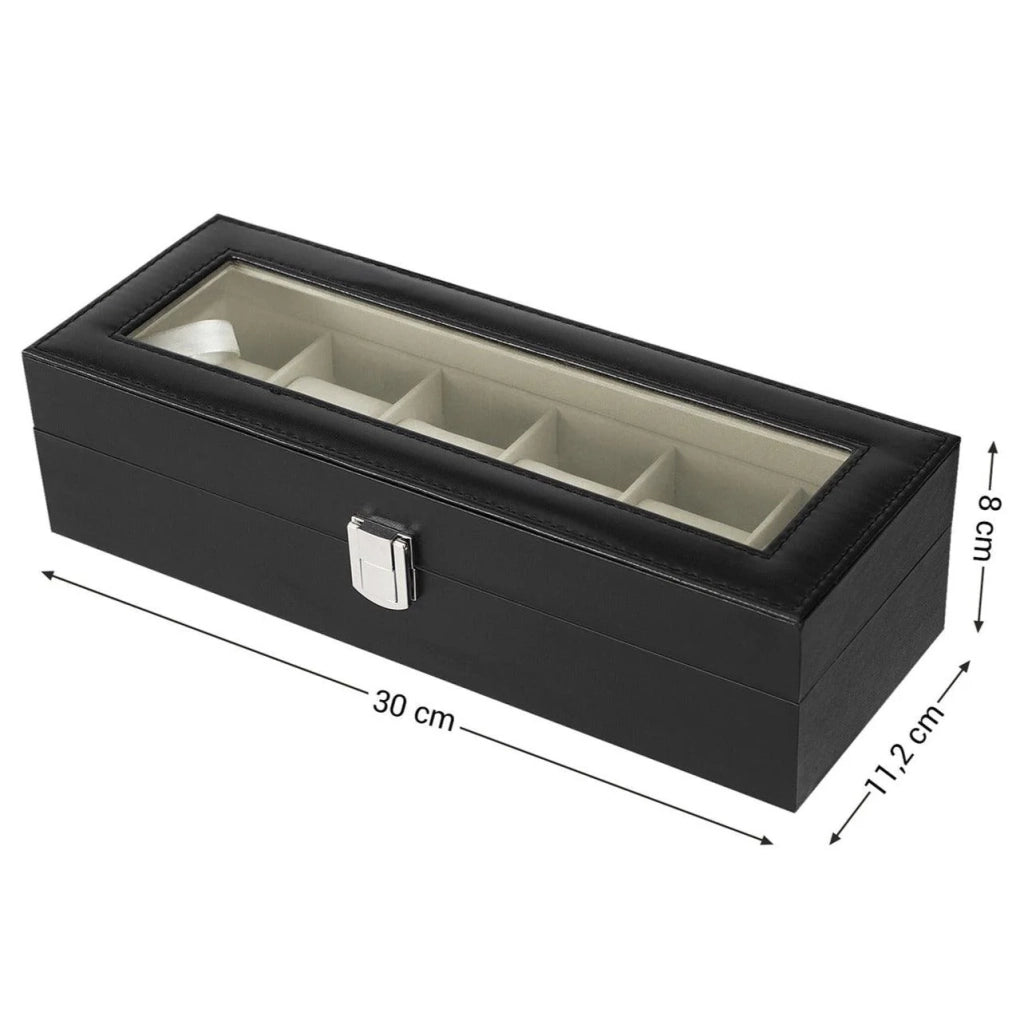 Scatola per orologi con 6 scomparti supporto per esposizione con coperchio in vetro rivestimento interno in velluto cuscino e chiusura 30 cm esterno nero interno beige 12_0002222