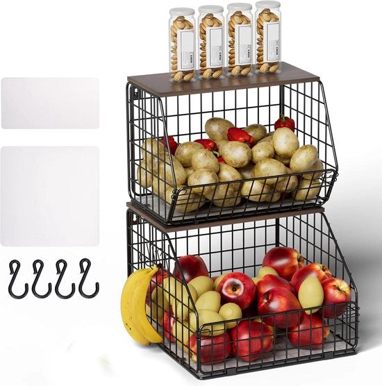 Cassa frutta a muro 2 pezzi - 2 livelli di cassa frutta a parete organizzatore per la cucina con coperchio in legno - cassa frutta staccabile per verdure e frutta - contenitore per snack e pane