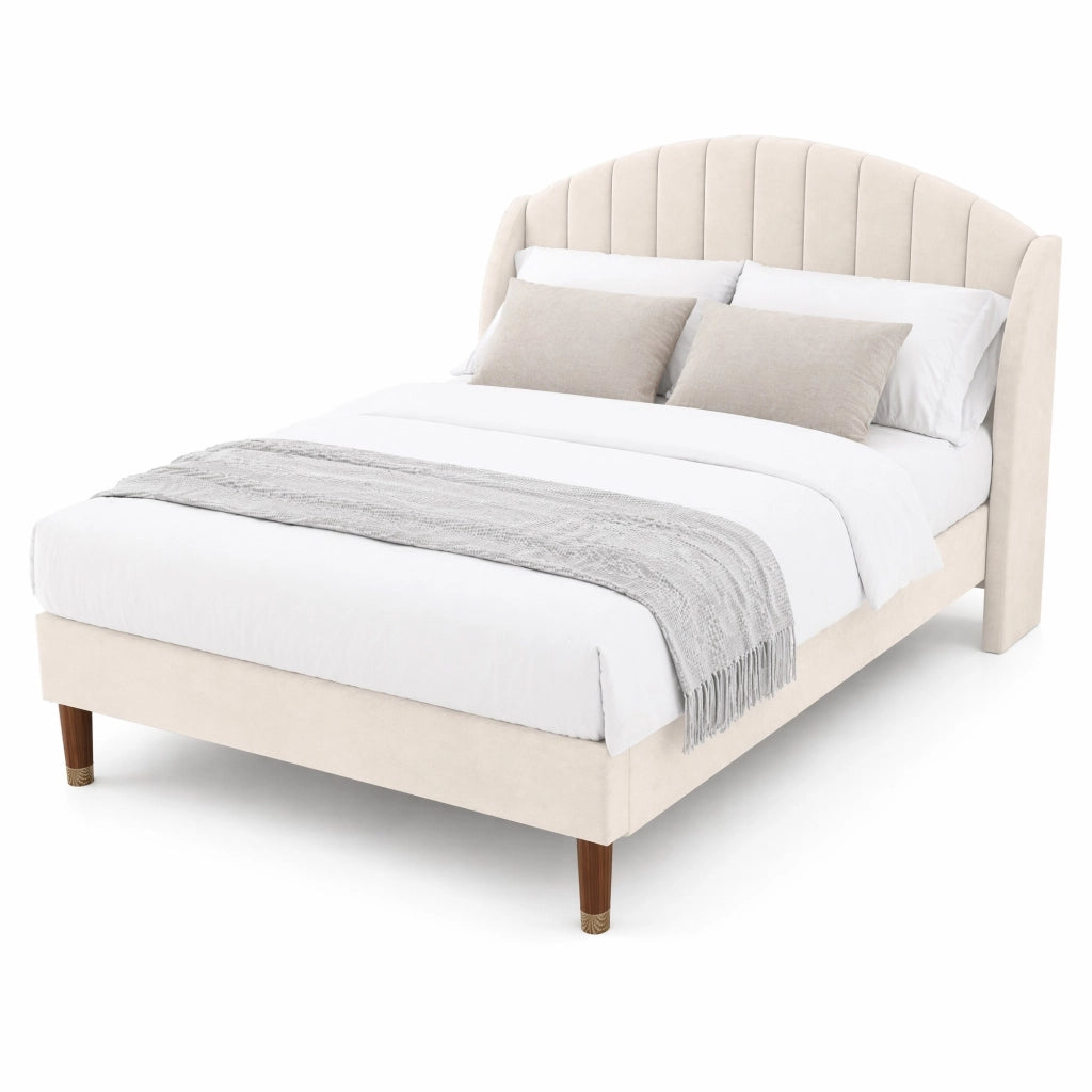 Letto imbottito 140x190 cm in velluto beige con rete a doghe e testiera, montaggio facile