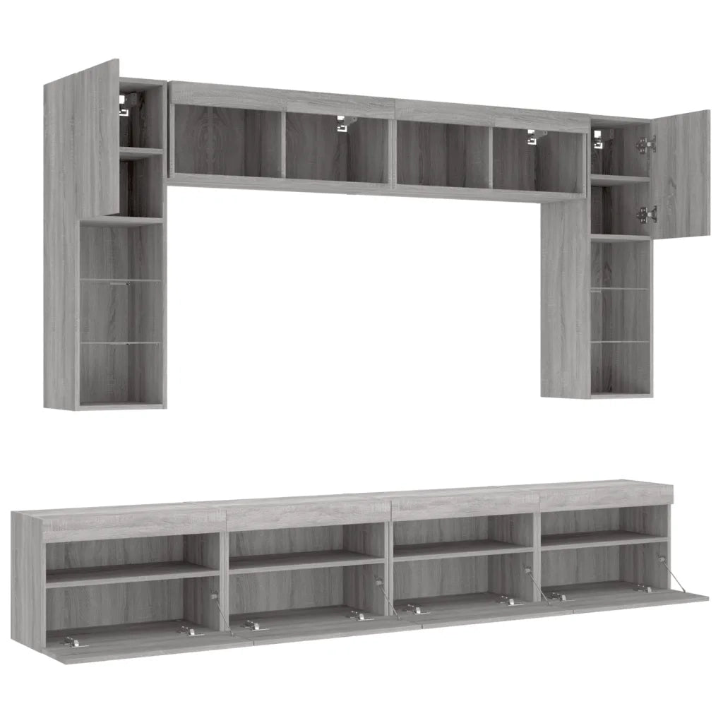 Set Mobili TV a Muro 8 pz con Luci LED Grigio Sonoma