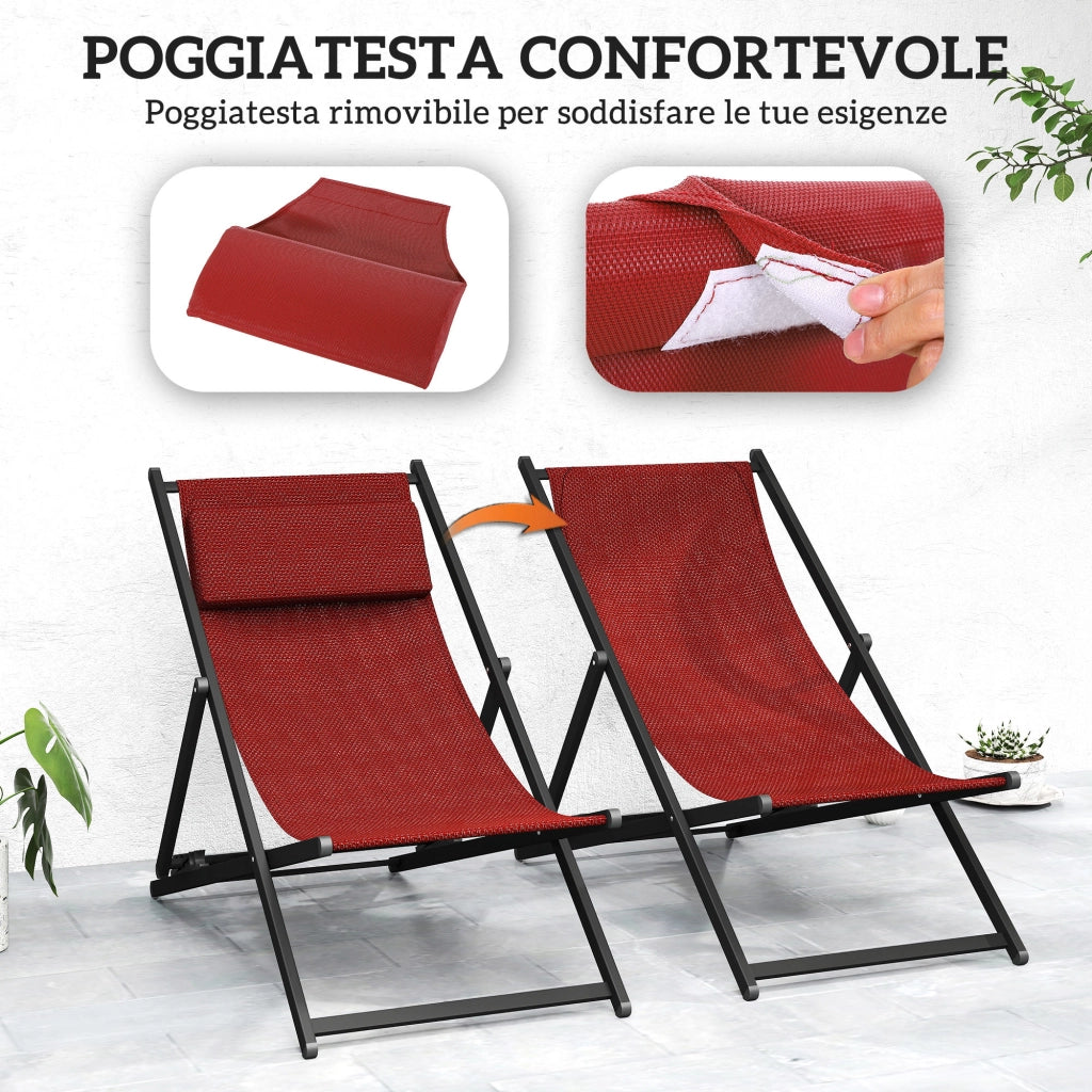Set 2 Sedie Poltrona Sdraio da Esterni, Pieghevoli e Reclinabili, in Alluminio, 100x60x85 cm, Rosso