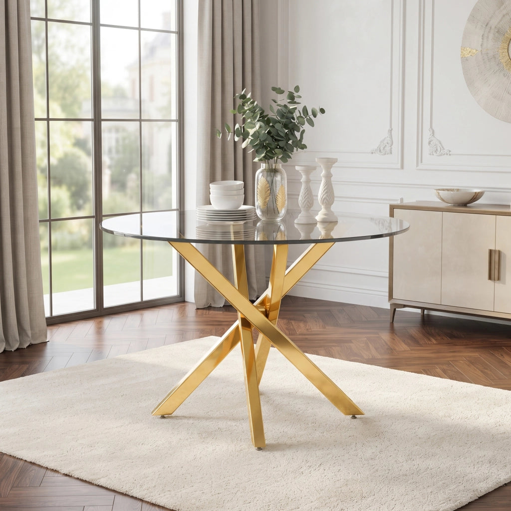 Tavolo da pranzo rotondo in vetro temperato con gambe incrociate cromate oro per soggiorno cucina 80 × 80 × 75 cm