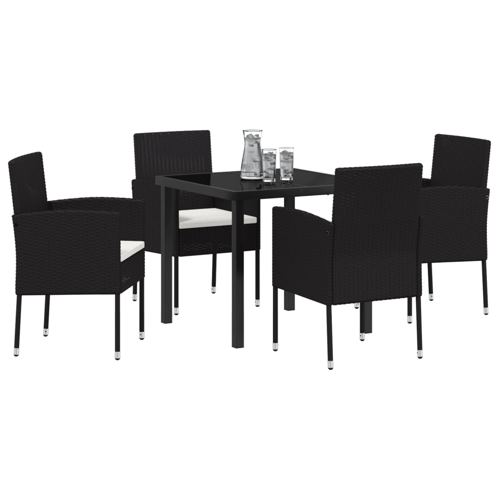Set da Pranzo per Giardino da 5 Pezzi con Cuscini in Rattan Nero