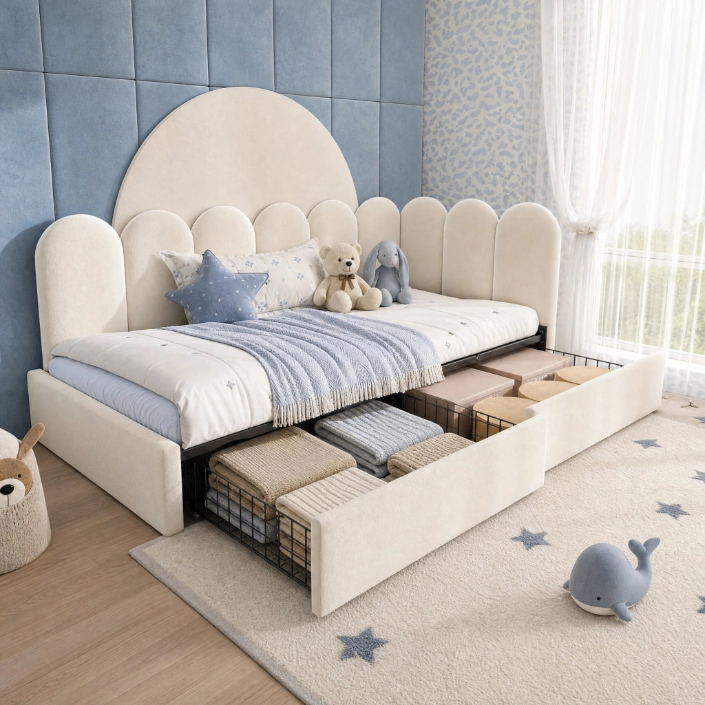 LETTO GIORNO L-Form 90x190 cm in Velluto Beige con 2 cassetti