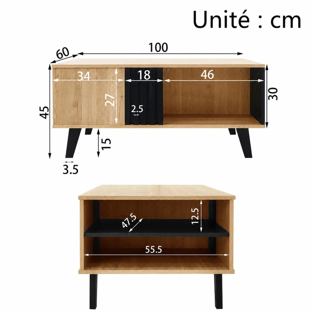 TAVOLO DA CAFFÈ 100 x 60 x 45 cm Naturale e Nero con vani contenitore