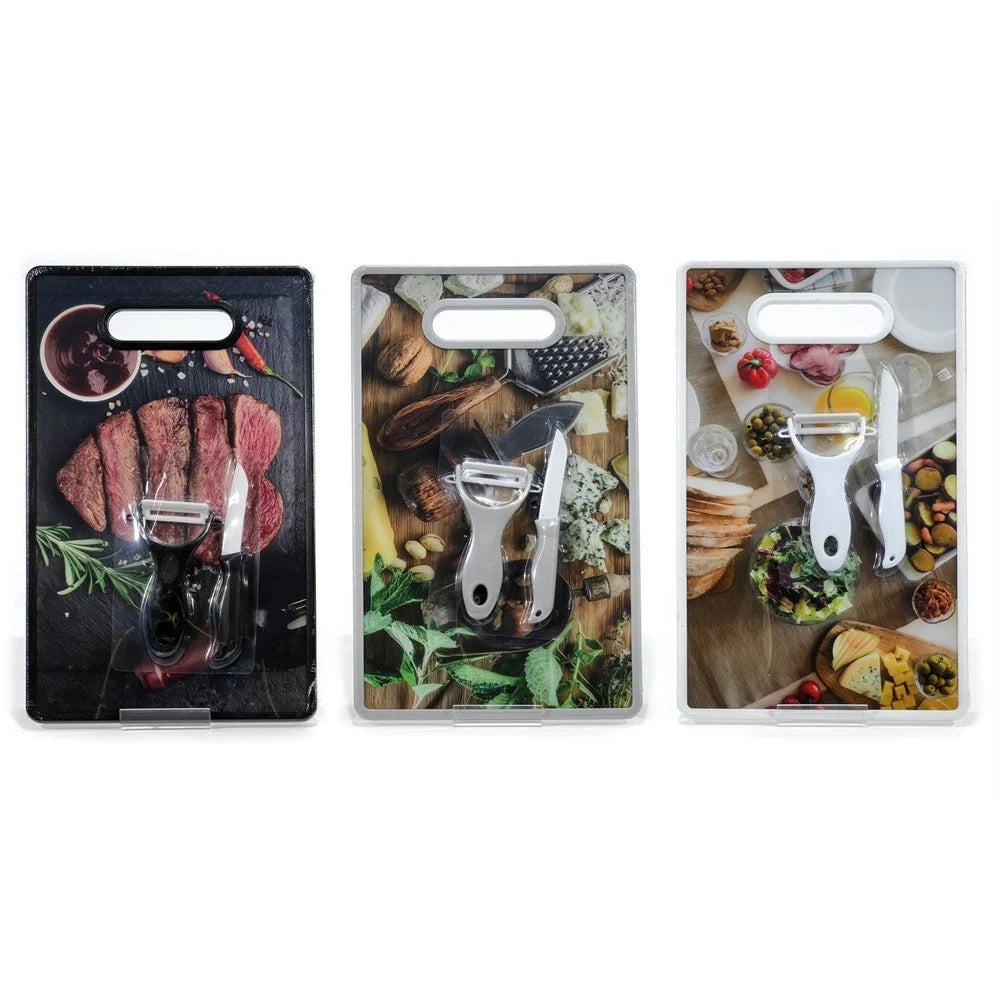Trade Shop - Set Tagliere In Plastica Con Coltello Pelapatate Da Cucina Stampa Alimentare 3 Fantasie -