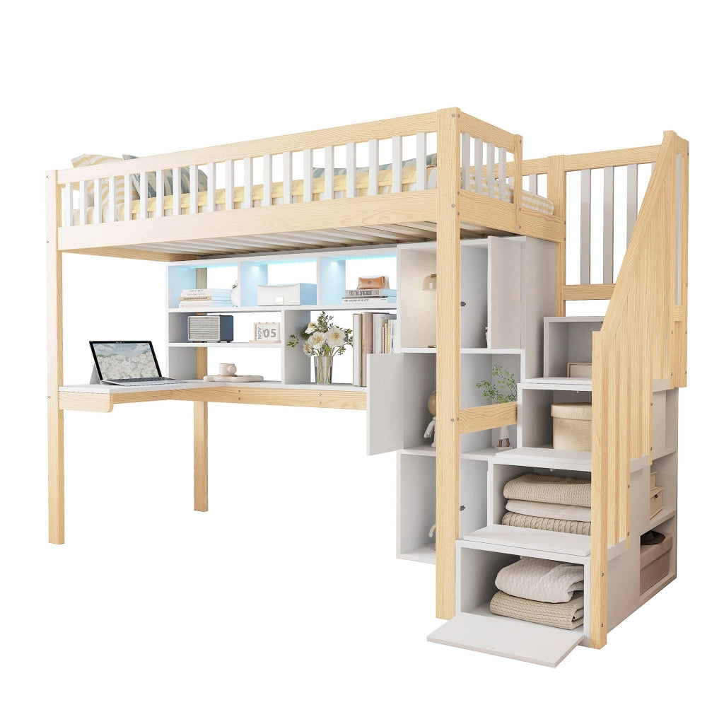 OKWISH Letto a Soppalco 90×200 cm, Letto Singolo con LED, Scala con Contenitori, Mensole e Scrivania, senza Materasso, Bianco e Naturale