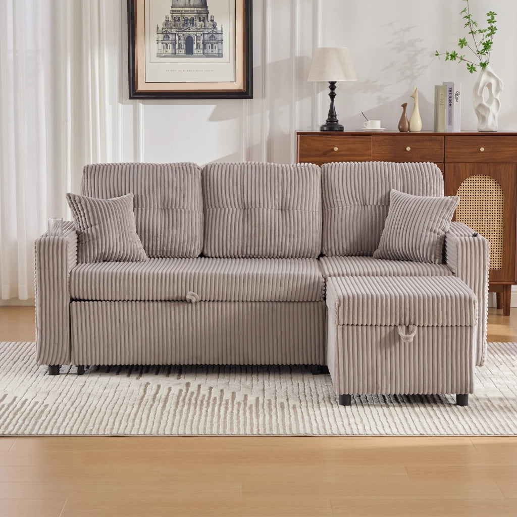DIVANO LETTO 196 cm in tessuto corduroy grigio chiaro con USB-C e LED