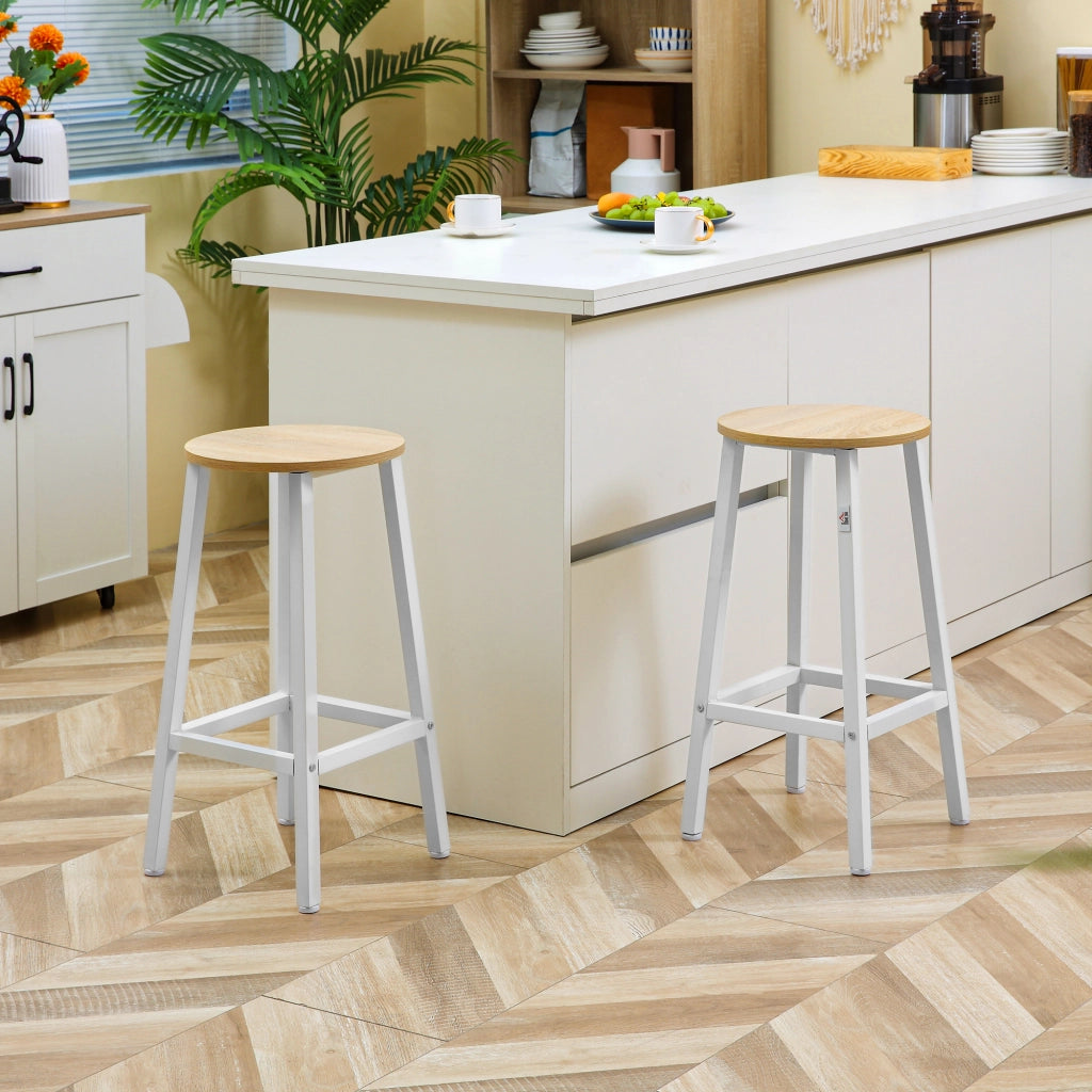 EasyComfort Set 2 Sgabelli da Cucina in Truciolato e Acciaio con Piano Liscio e Poggiapiedi, 32.5x32.5x65 cm, Bianco e Legno