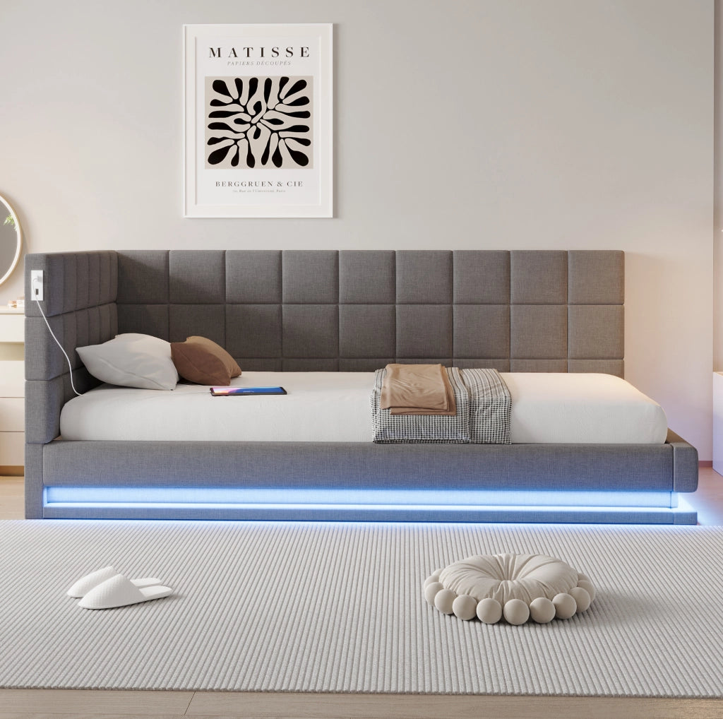 Divano letto 90x200 cm grigio in lino, con LED, USB e rete a doghe