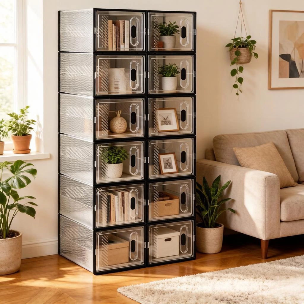 Scarpiera modulare in plastica con 12 box impilabili per scarpe, per camera da letto e bagno, nero trasparente