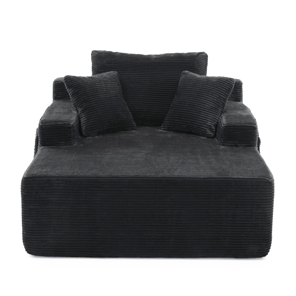 Divano in corduroy nero con tasche laterali, cuscini inclusi e imbottitura in schiuma ad alta densità