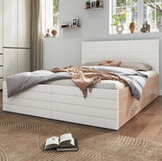Letto matrimoniale 160x200 cm con 2 cassetti e rete a doghe; legno e MDF bianco e rovere chiaro