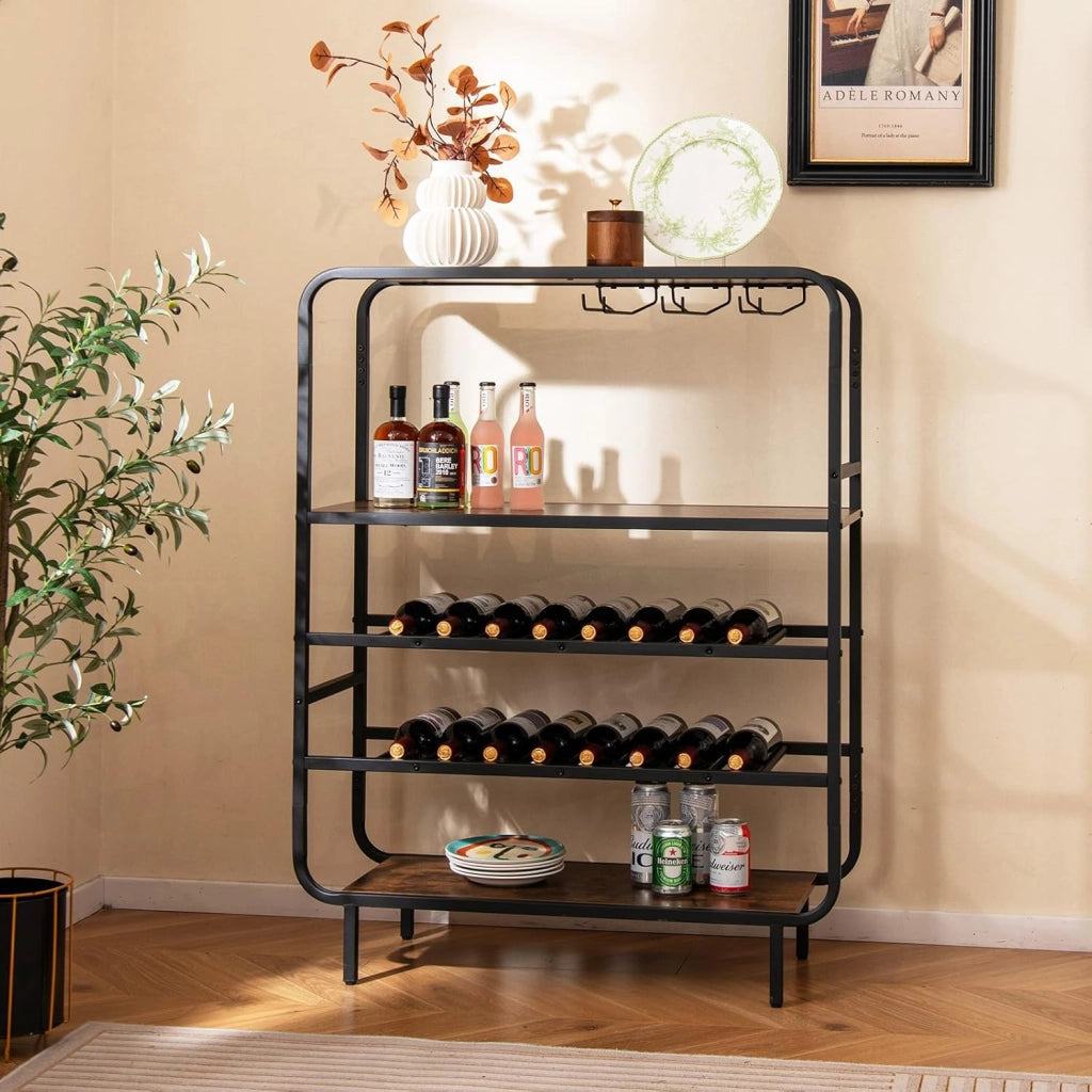 Portabottiglie da Terra 5 Livelli, Scaffale Porta Vino con Piano Legno e Portacalici, Capacità 16 Bottiglie, Struttura Metallo Stile Industriale, per Cantina, Cucina e Sala da Pranzo