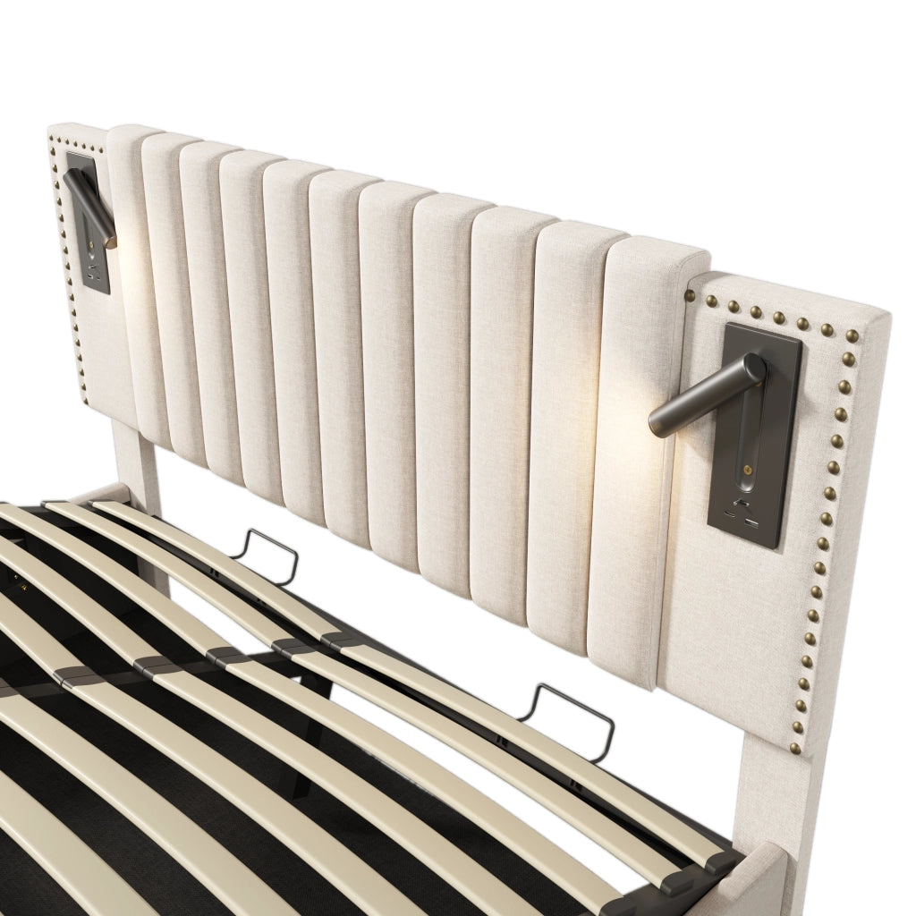 Letti contenitori 140x200 cm; testiera regolabile con luce e USB; cotone beige (Senza materasso)
