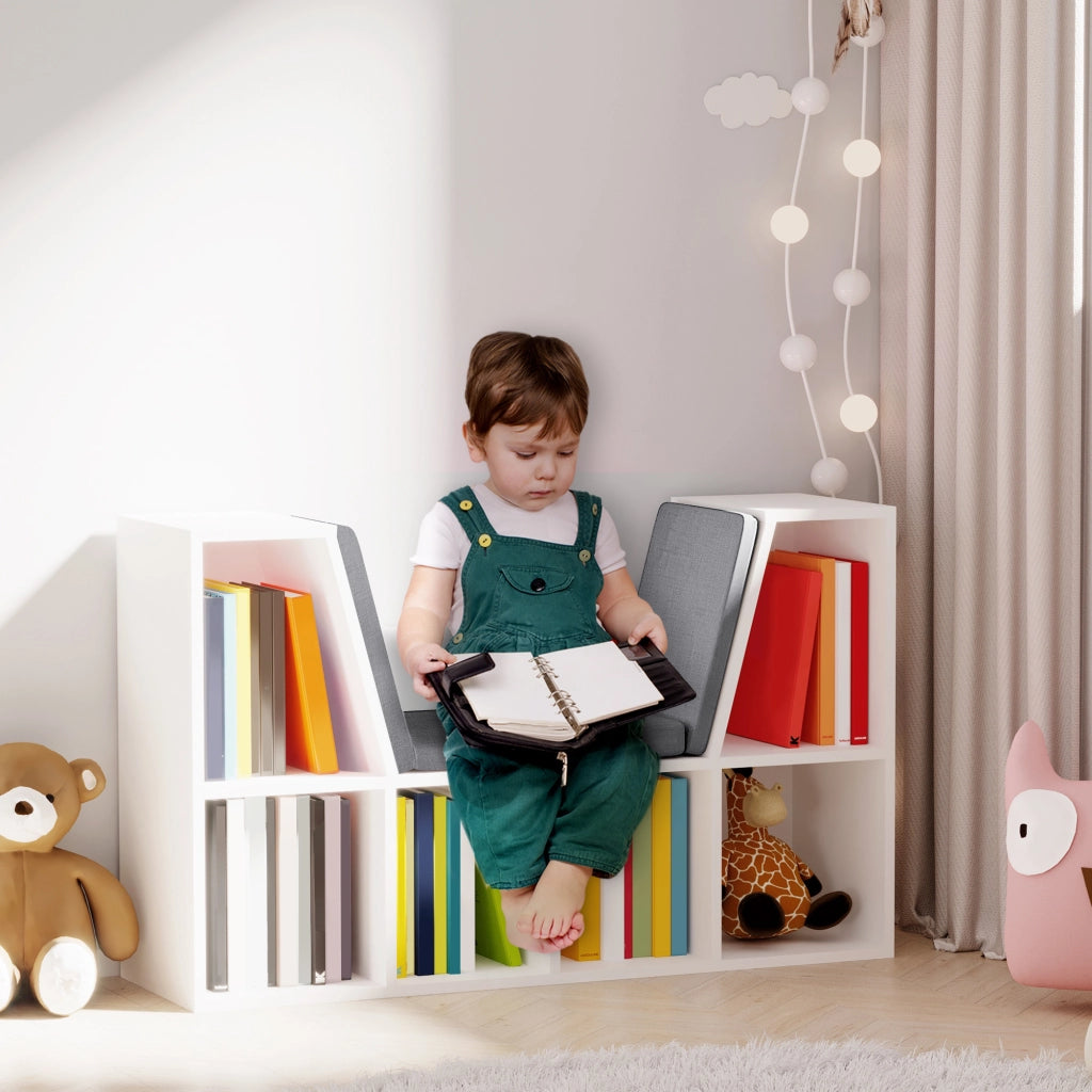 Libreria con seduta e scaffali cubo ¨C zephmum ¨C 102x30x61 cm, bianco e grigio