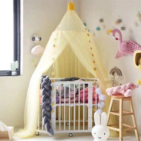 Baldacchino per bambini, tenda da letto chiffon per bambini, grande tenda da letto per bambini con stella che scende, decorazione per baldacchino con stanghe (giallo)