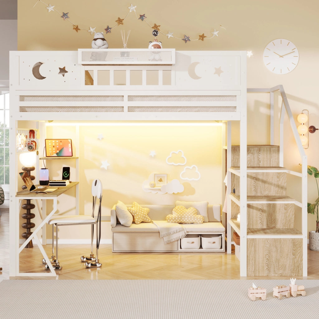 Letto a soppalco 140x200 cm con scrivania; pannello pegboard; ripiani; LED; USB e gambe a K; metallo bianco