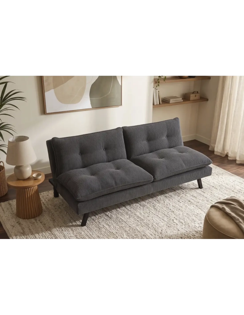 Divano letto AZENA 3 posti in tessuto a coste – Grigio scuro e nero – 190 x 80 x 90 cm