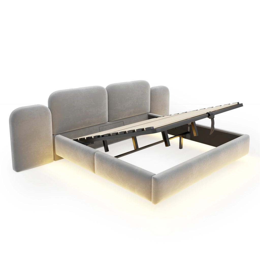 Letto imbottito 180x200 con contenitore idraulico e LED RGB; velluto grigio