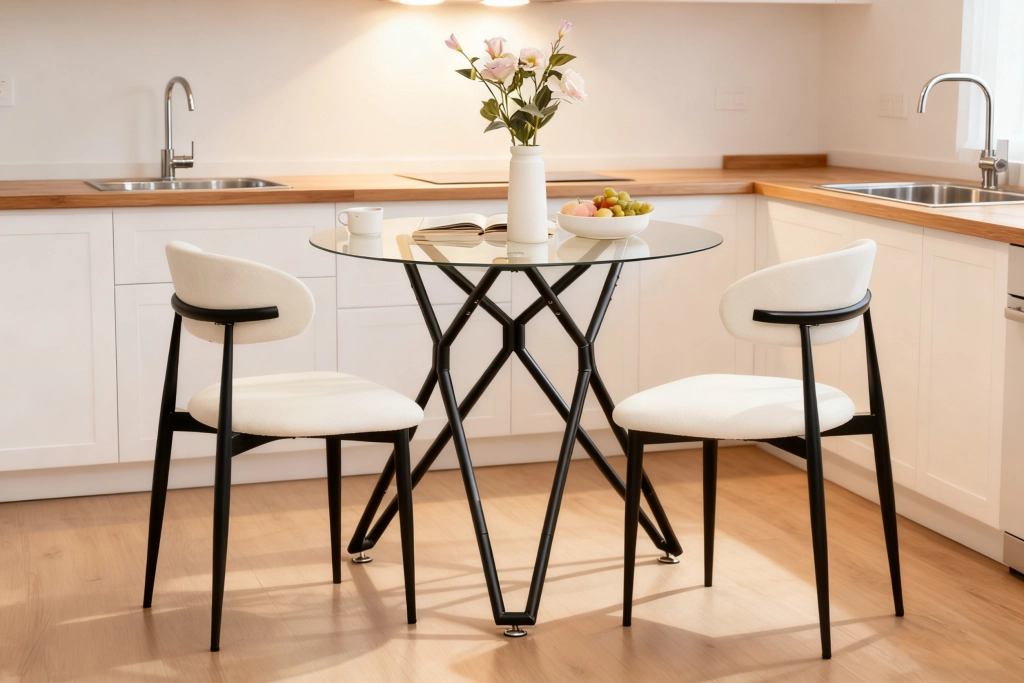Tavolo da pranzo - rotondo in vetro temperato - gambe metalliche - Ø90 cm - per 1-4 persone - nero - salvaspazio