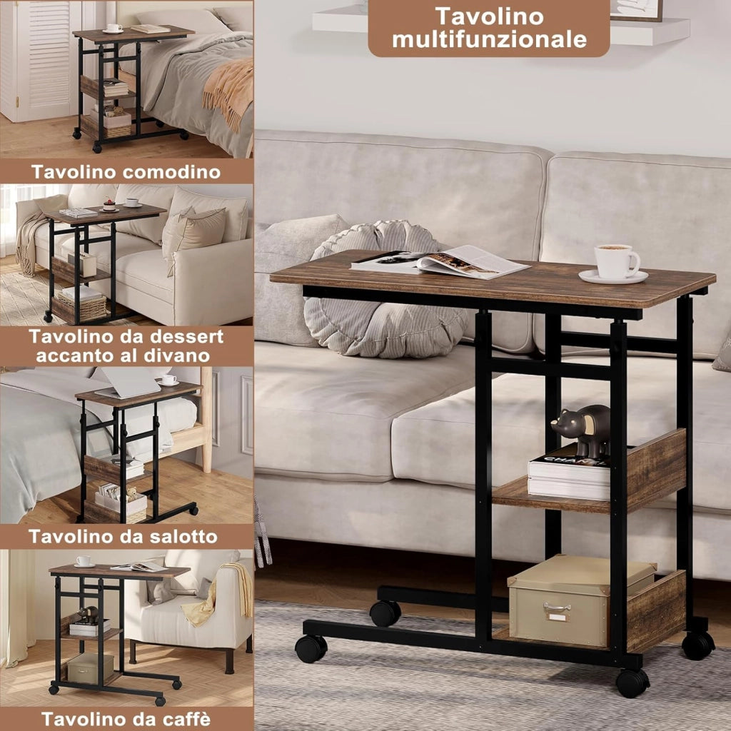 Tavolino da Salotto a Forma di C, Tavolino da Caffè a 3 Livelli, Tavolo Divano Regolabile in Altezza con Ruote Universali, in Legno e Metallo, Rovere vintage + Nero, BTS08hov