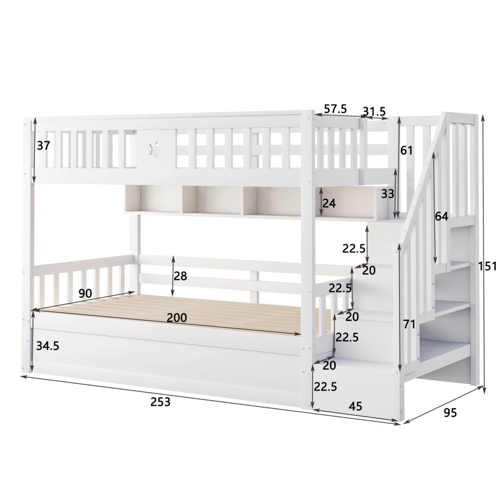 Letto a castello 90x200 cm in legno bianco con vano idraulico, scale contenitore e ripiani