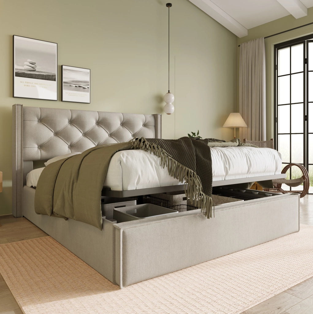 Letto matrimoniale imbottito con contenitore 140x200 cm in cotone grigio chiaro