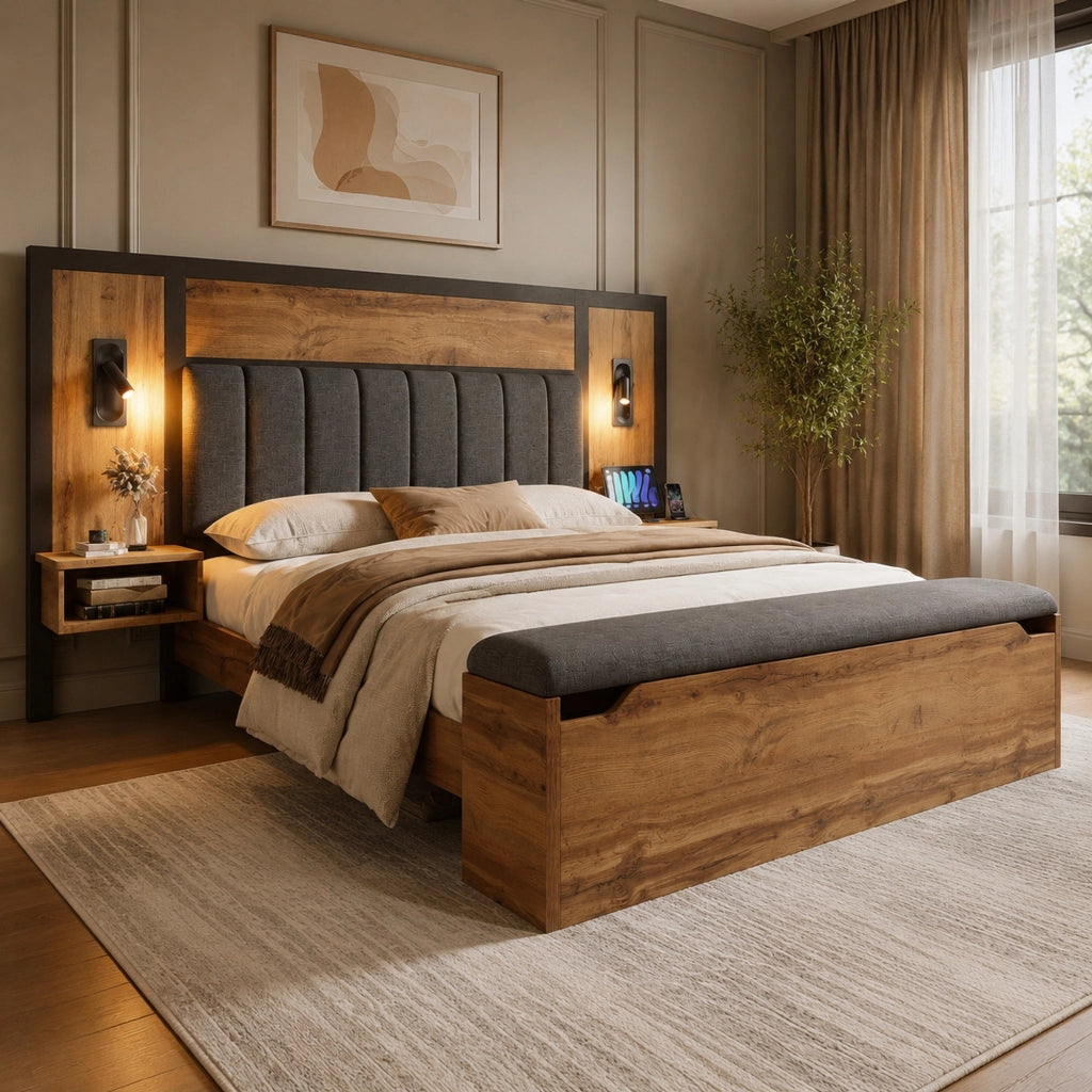 Letto matrimoniale 180x200 con luci, USB-C e panca contenitore