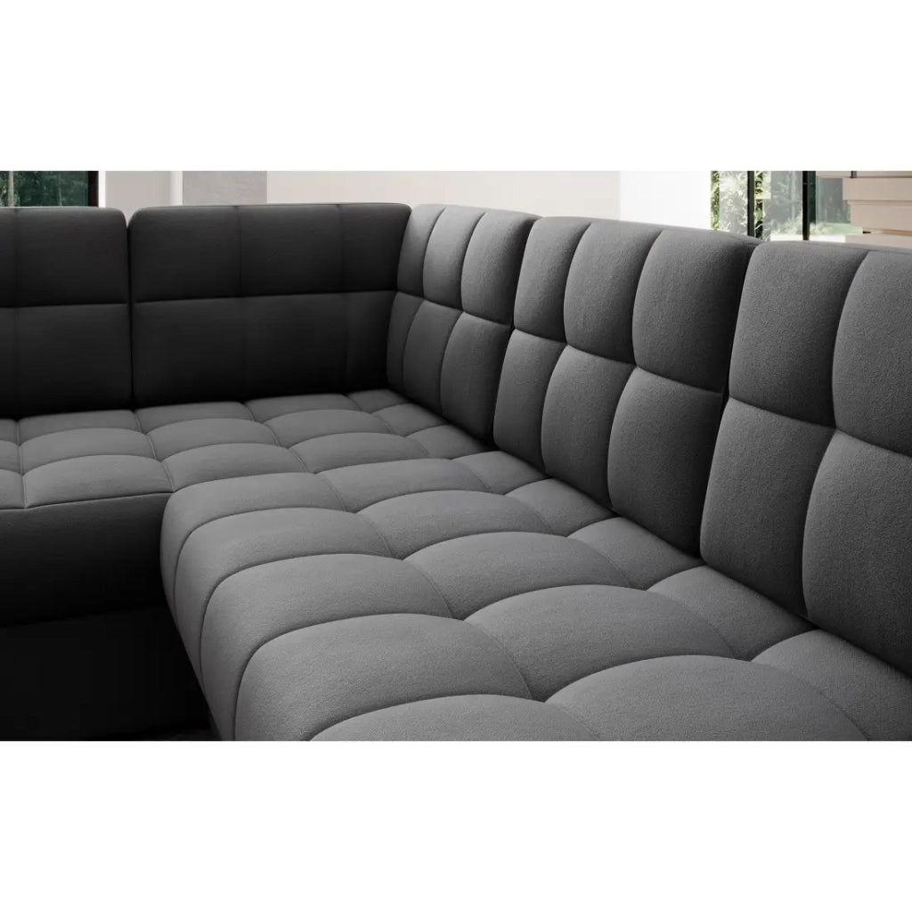 Divano angolare trasformabile MONTEZA grigio scuro 299 cm con contenitore e letto
