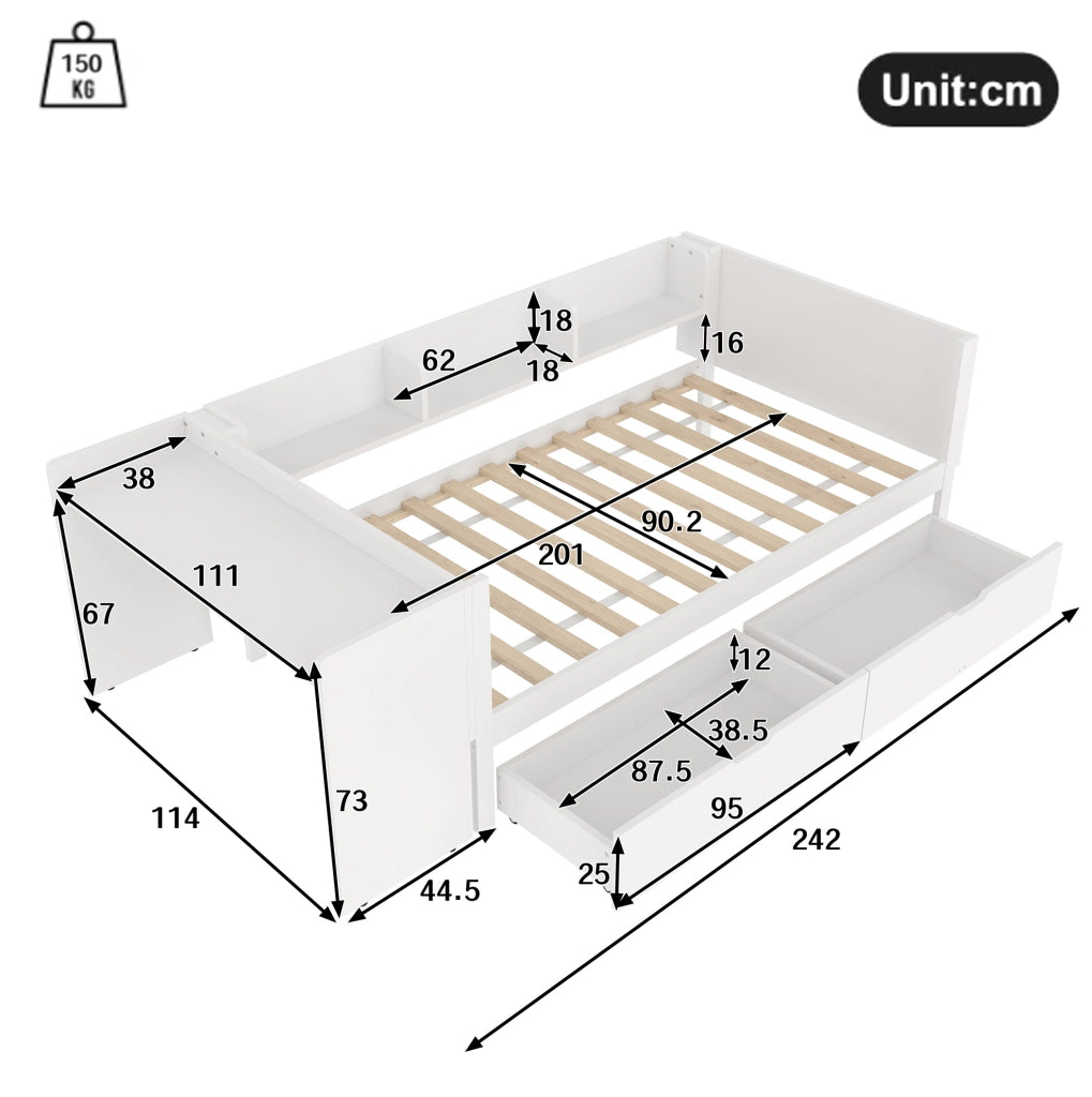 Letto singolo 90x200 cm con scrivania; 2 cassetti e 3 ripiani in legno di pino