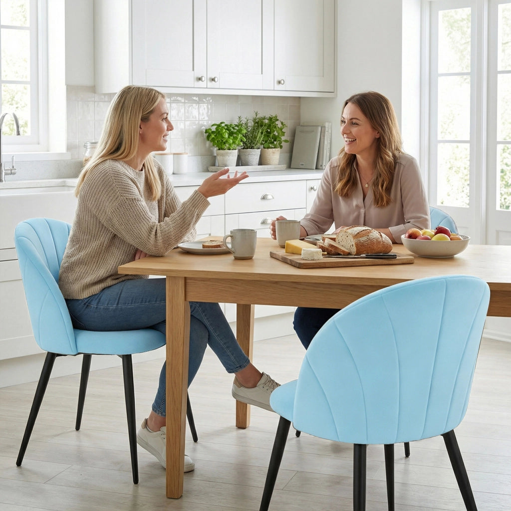 Set 2 Sedie da Pranzo Imbottite con Velluto e Schienale a Conchiglia ¨C zephmum ¨C Azzurro 52x55x79 cm