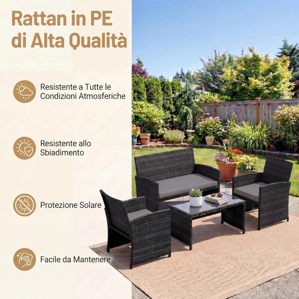 Set Mobili da Giardino in Rattan PE, Divano a 2 Posti e 2 Poltrone con Cuscini Comfort, Tavolino con Piano in Vetro, Arredo da Esterno per 4 Persone per Patio, Balcone, Cortile (Nero+Grigio)