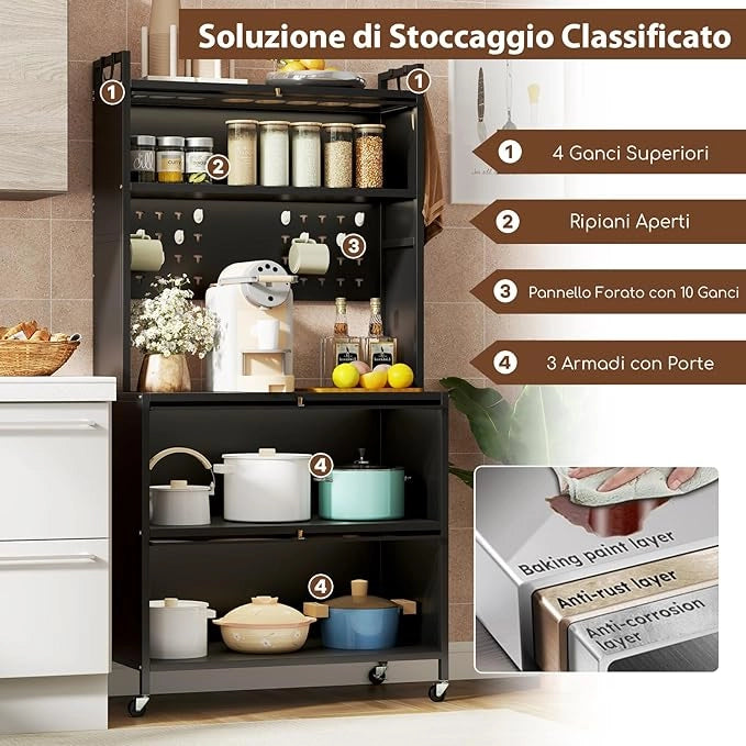 Credenza Alta per Cucina con 5 Ripiani e 3 Ante a Ribalta Traslucide, Mobile Cucina con Ruote e Panello a Ganci, Armadio Cucina Porta Microonde (80 x 40 x 160 cm,Nero)