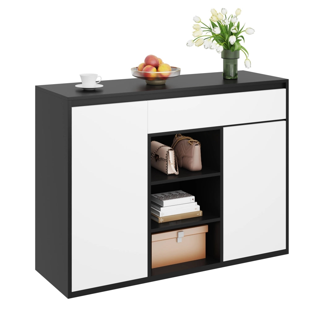 OKWISH Scarpiera con 2 Ante, 1 Cassetto, Ripiani Regolabili e LED, per Ingresso, Nero, 105 x 39.5 x 86 cm