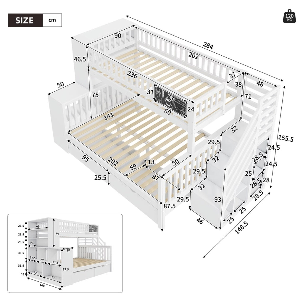 OKWISH Letto a Castello 140×200 cm e 90×200 cm, Letto 3 Posti con Scala Contenitore, Armadi e Lavagna, senza Materasso, Bianco