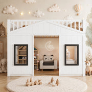 Letto a castello per bambini 90x200 cm con scala e finestre