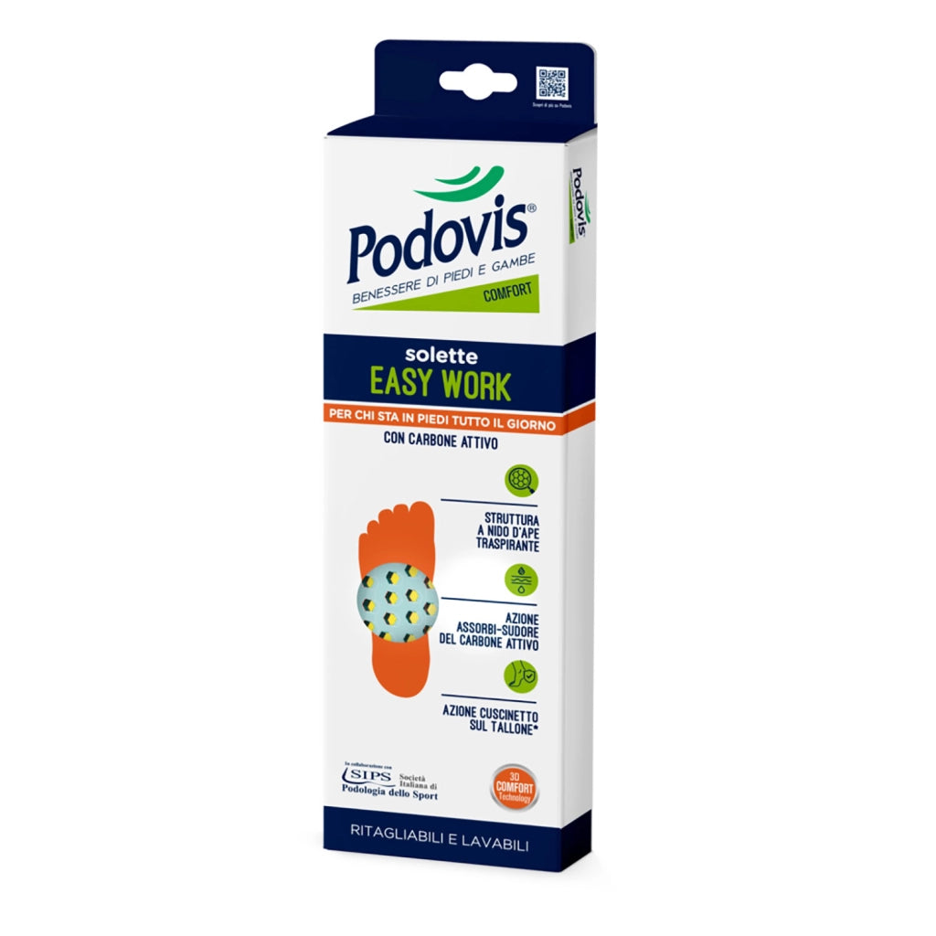 Solette Easy Work, Solette da Lavoro, Ultra Traspiranti, con Cuscinetto Tallone, Azione Assorbi Sudore, con Carbone Attivo, Ritagliabili e Lavabili, Podovis