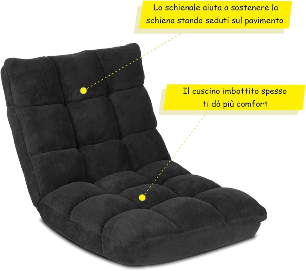 Sedia da Pavimento, Sedia Imbottita Regolabile in 14 Posizioni, Poltrona Salotto per Relax, Yoga, Lettura (Nero)